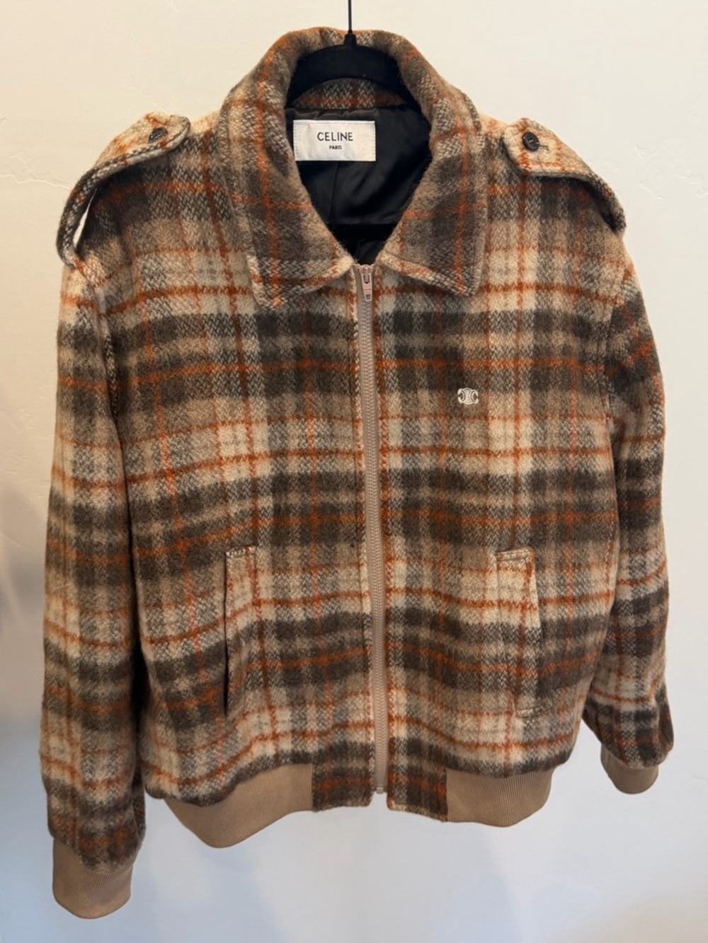 CELINE Checked Wool Bomber Jacket Brown & Gray Size 48